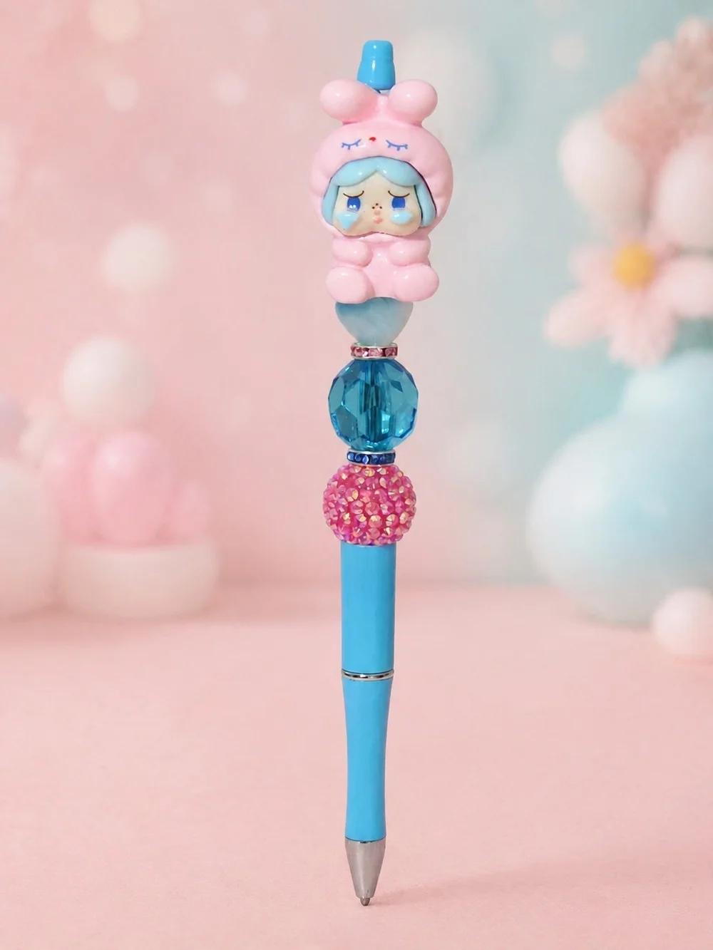 Cry-Baby Bunny Girl (Pink and Blue) Handmade Beaded Pen